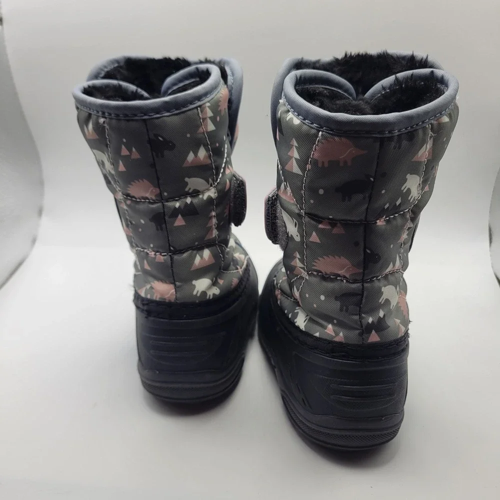 Kamik Snowbug 6 Kids Winter Boots Grey Pink Woodland Print Waterproof Size 8 US